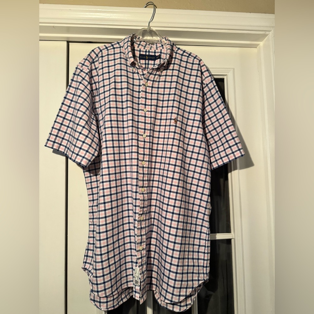 Ralph Lauren Men’s XLT Pink & Navy Plaid Button-Down Shirt Flesh Pony Logo